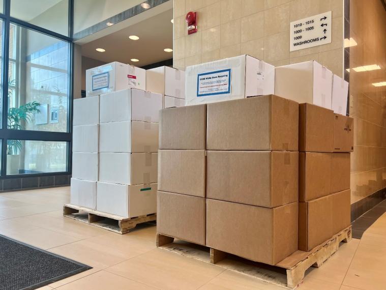 Two skids full of boxes sit in a hallway waiting to be shipped
