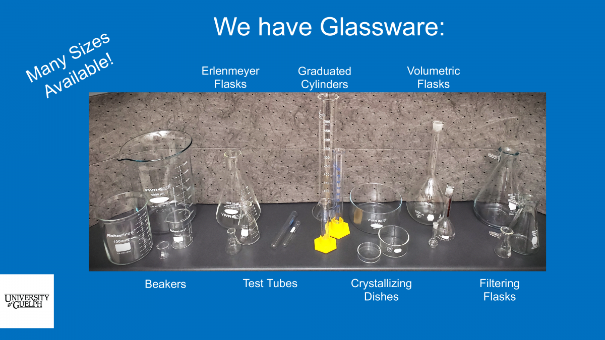 A collection of various glassware items in all different sizes including beakers, Erlenmeyer flasks, test tubes, graduated cylinders, crystallizing dishes, volumetric flasks, and filtering flasks.