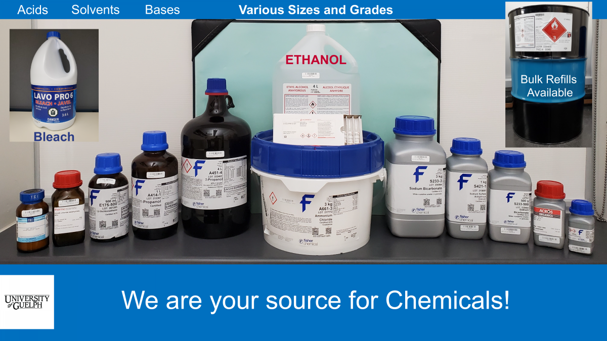 A collection of common chemicals in bottles and containers of various sizes from small jars to drums from which bulk refills are available.