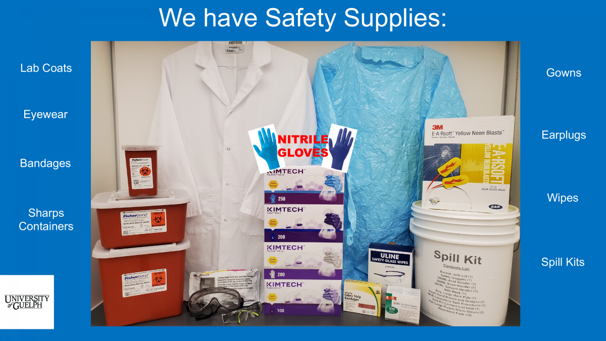 A collection of various safety supplies including lab coats, gowns, eyewear, earplugs, bandages, sharps containers, wipes, and spill kits.