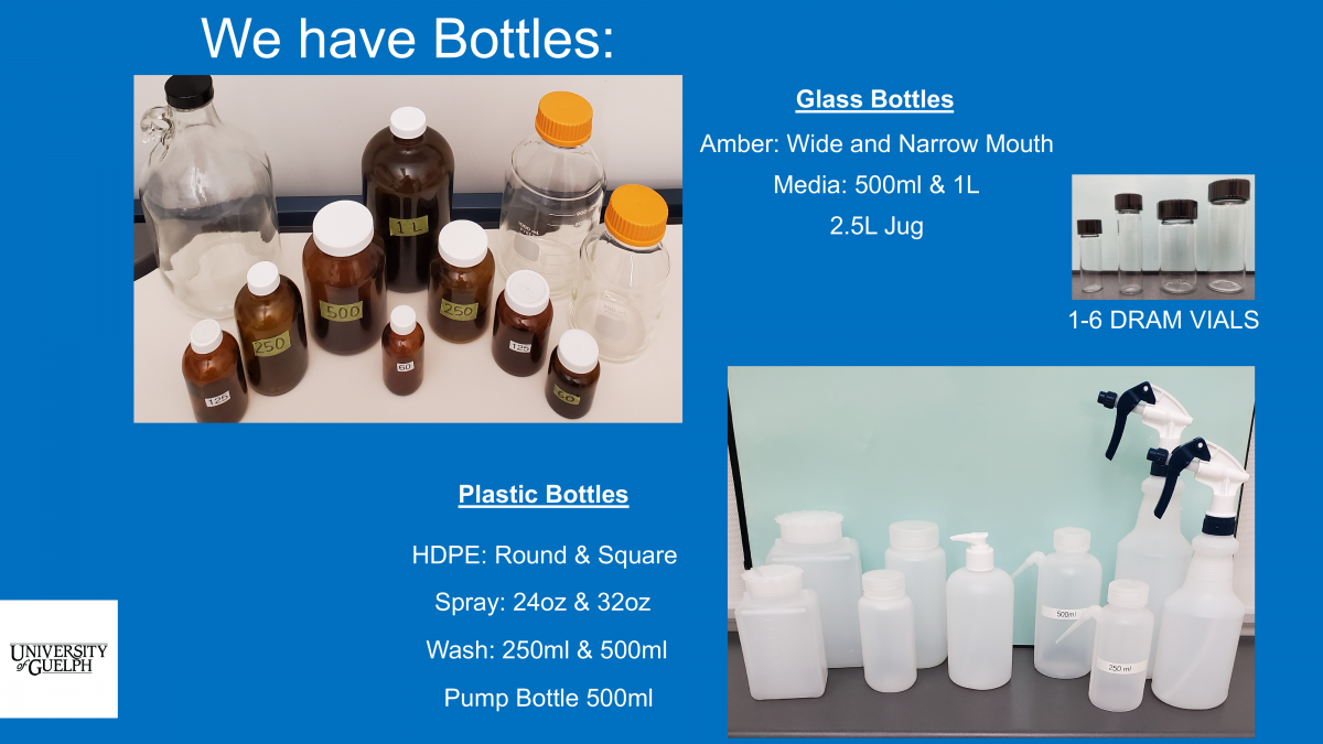 A collection of various bottles available including amber glass bottles in narrow and wide mouth, media glass bottles in 500 mL, 1 L and 2.5 L jug, 1-6 dram vials, round and square HDPE plastic bottles, 24 and 32 oz spray bottles, 250 and 500 mL wash bottles, and 500 mL pump bottle.