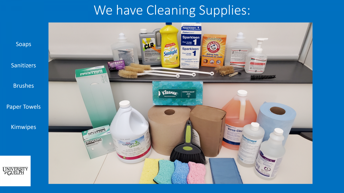 A collection of various cleaning supplies including soaps, sanitizers, brushes, paper towels, and Kim wipes.