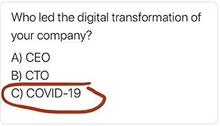 Who led the digital transformation of your company? A, CEO. B, CTO. C (circled), COVID-19