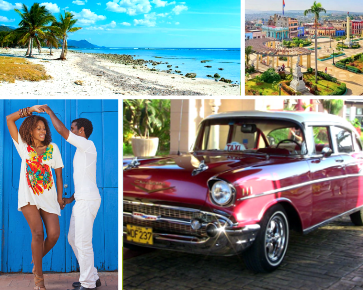 Pictures of the beach, city, people dancing, and an old car