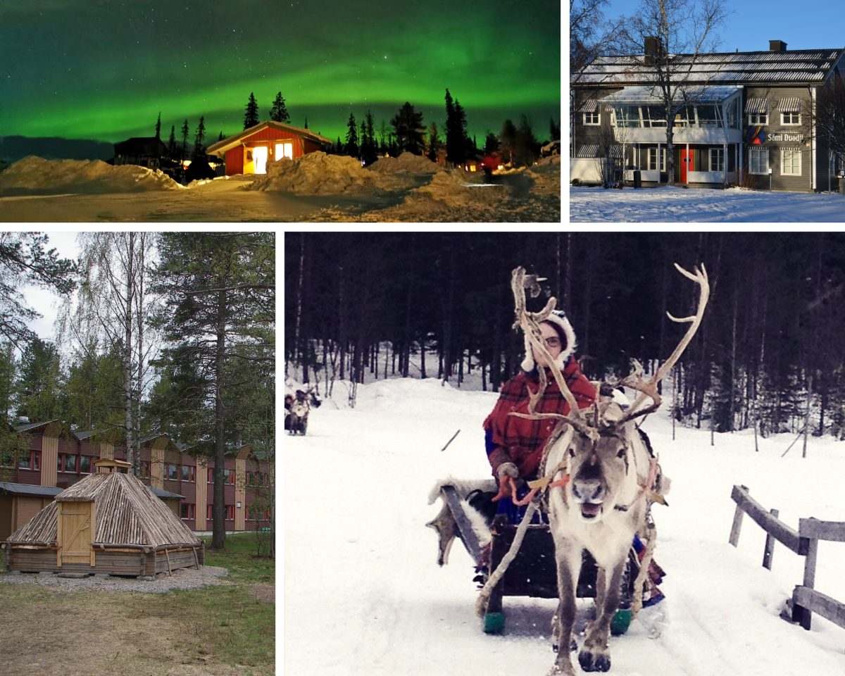 Norther lights, Sámi community buildings, and reindeer