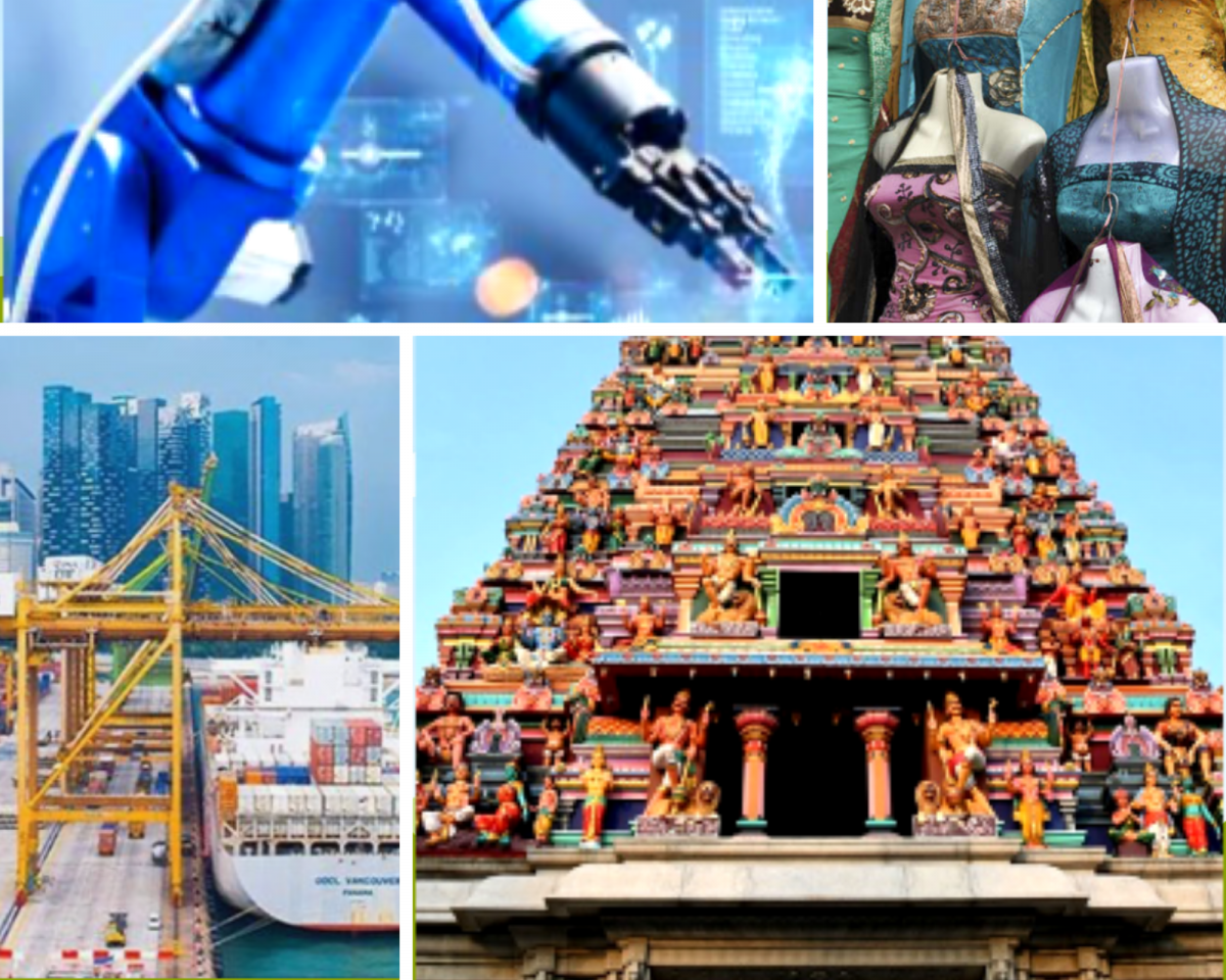 A robotic arm, colourful dresses, a shipping yard, and a colourful building