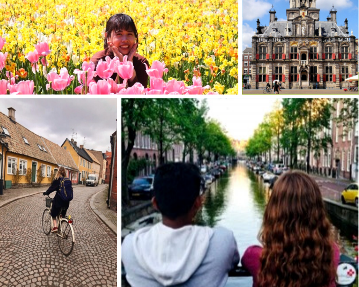 A garden of tulips, the Huge, a student on a bicycle, and students looking out over a canal