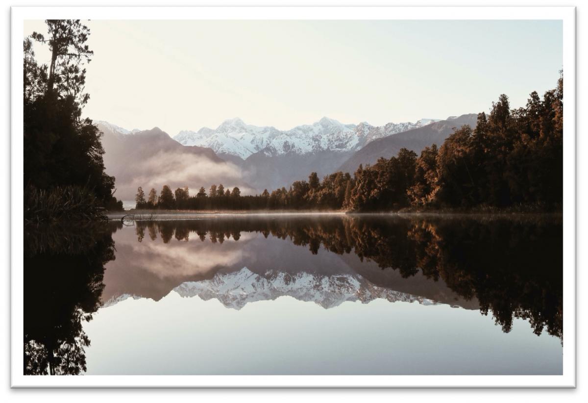 Peaceful view of the mountains and lake