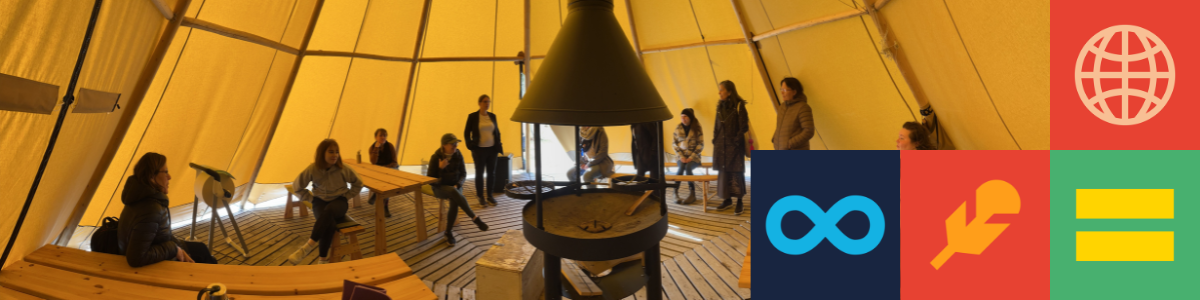 Students standing in a tent around a fire discussing Indigenous peoples in Canada and Sweden