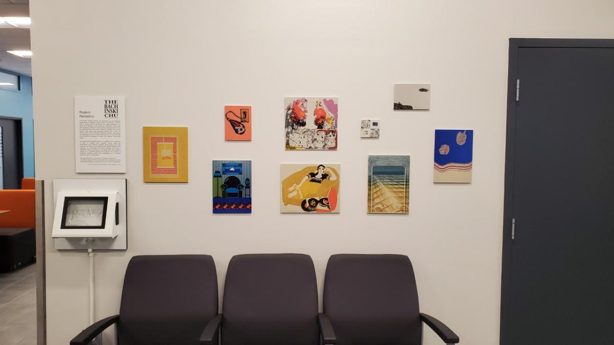 Display of 9 prints from "Modern Exhibit" on the first floor of the Reynolds building 