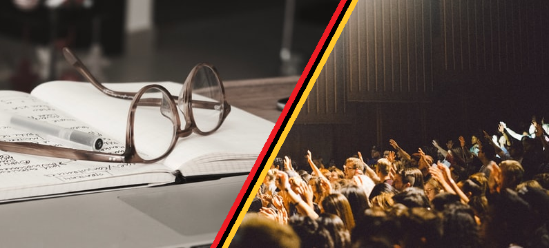 Vintage glasses on a notebook split diagonally into students attending a lecture in a lecture hall