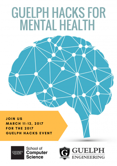 Guelph Hacks for Mental Health poster, featuring a large blue brain, and information about the event date (March 11 and 12) 