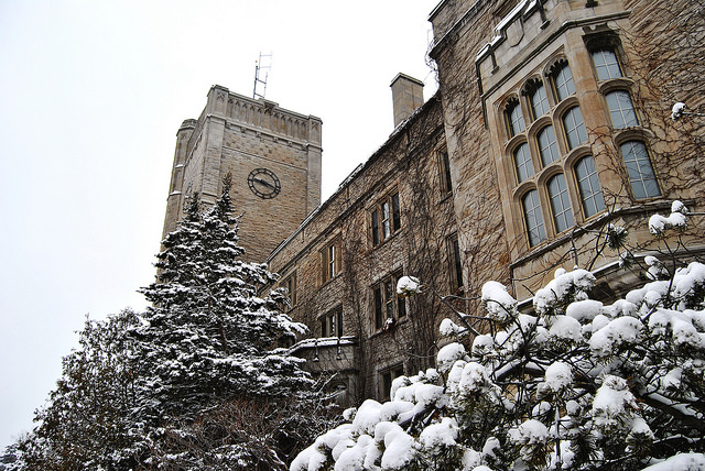 Clocktower above Johnston Hall in winter