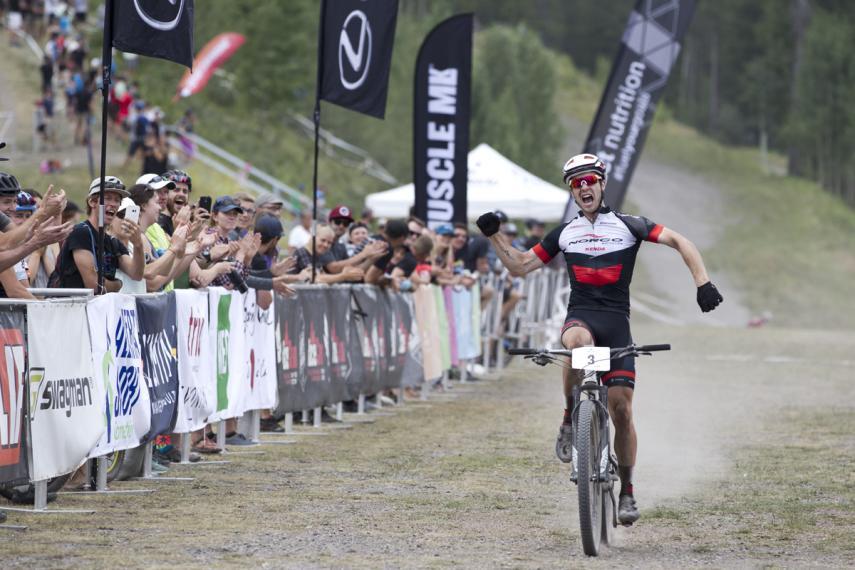 Peter Disera celebrates his first elite XCO national championship in Canmore, Alta. 20017. Photo: John Gibson