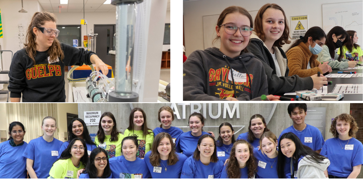 a collage of girls in engineering labs and a group of smiling girls