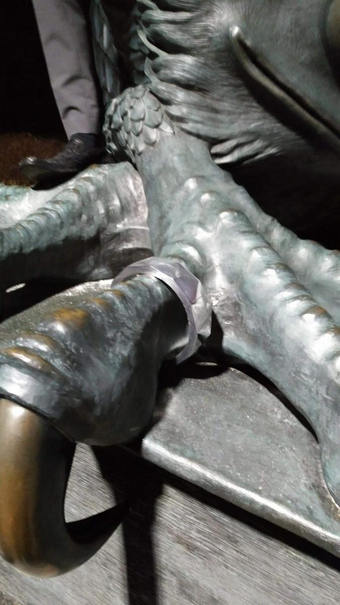 The Gryphon statue from 2018 wearing the original Iron Ring.