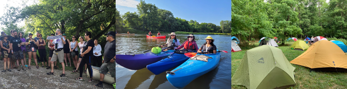 3 photos in a row, first of people talking in a circle outside, second of three people smiling in canoes on the water, third of a group of tents set up outside.