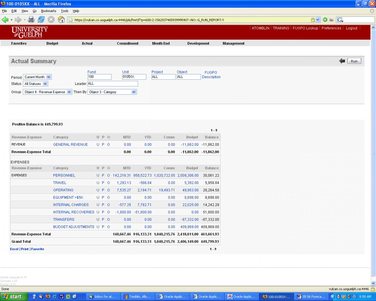 Title: FRS Print Screen - Description: University of GuelphPrint Screen of FRS- Department Summary by Expense CategoryInstruction- Export to Excel function