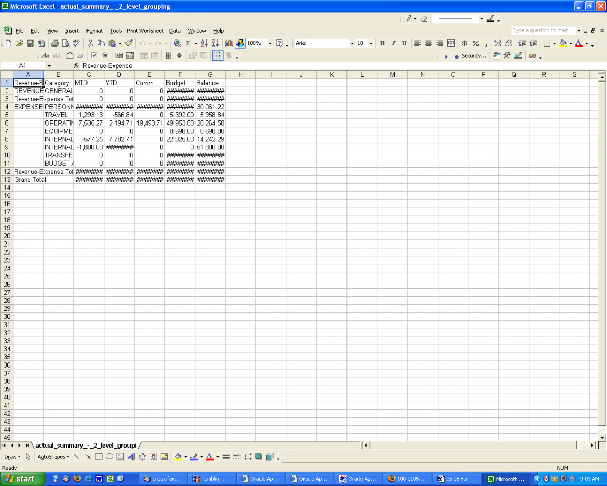 Title: Building an Operating Budget Forecast- Microsoft Excel Print Screen  - Description: An image of the Microsoft Excel Actual Summary report Export from FRS Unformatted