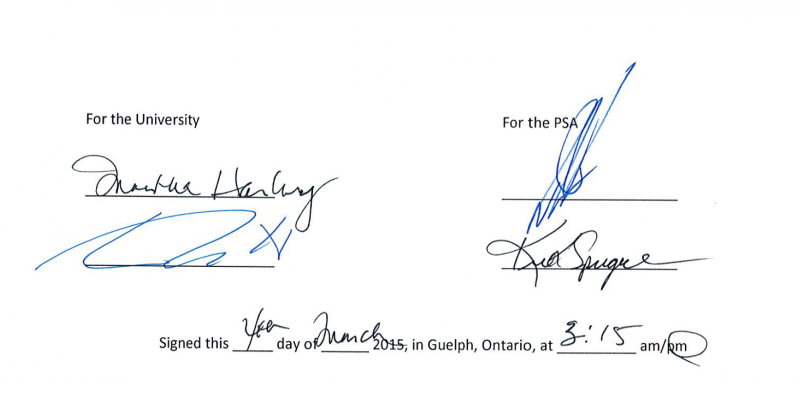 Signatures of signing authorities for the University of Guelph and the Professional Staff Association. Signed on March 4, 2015 in Guelph, Ontario at 3:15pm