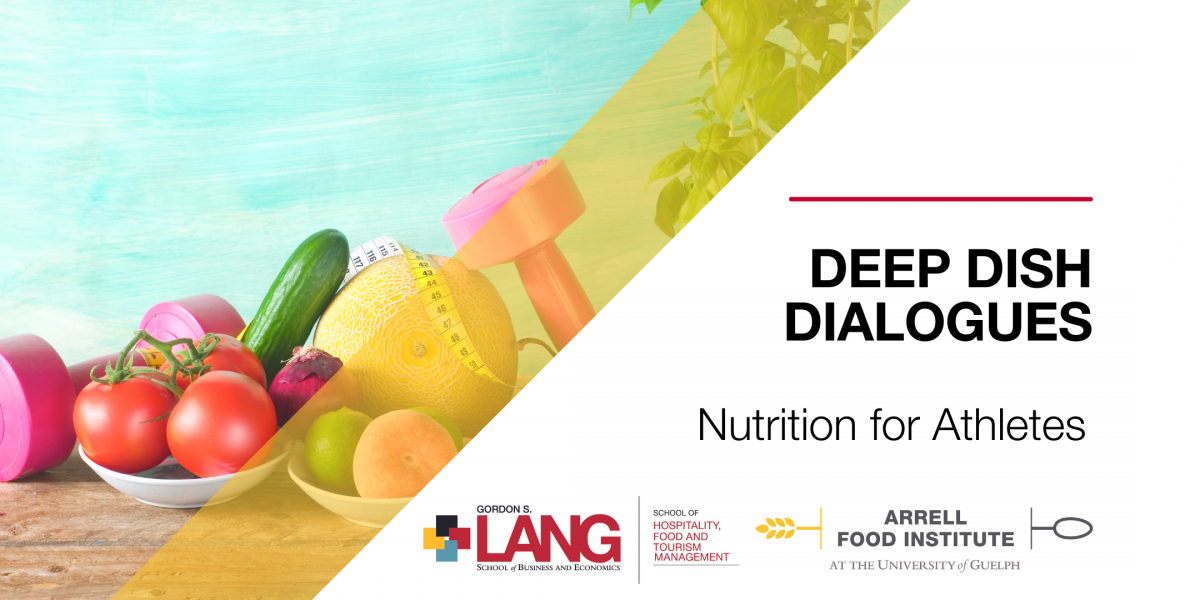 Photo of fruits, vegetables and workout weights with text Deep Dish Dialogues Nutirition for Athletes