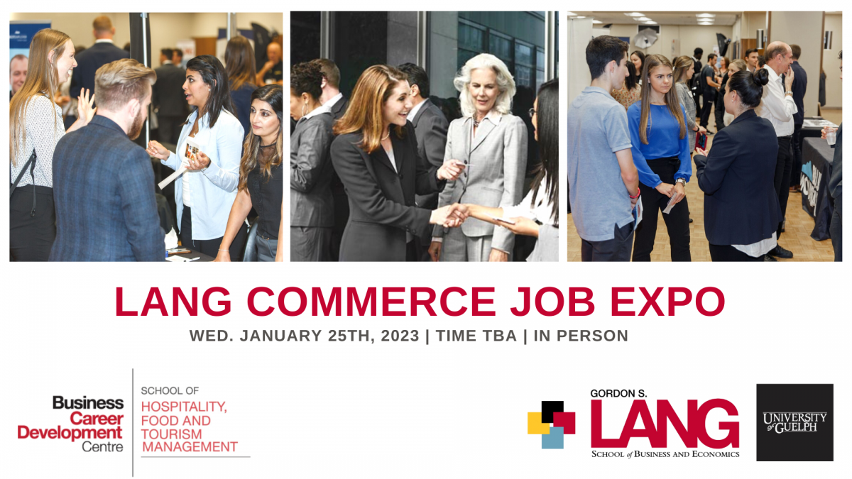 Photos of people at a Job Expo and text Lang Commerce Job Expo, Wed. Jan 25th, 2023 in person.event