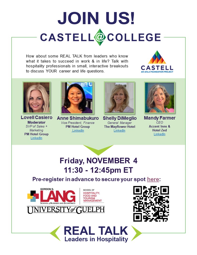 Photos of 4 guest speakers, with the Castell logo, Lang logo and U of G logo.Castell College Info session, Friday, November 4th 11:30 - 12:45 ET.
