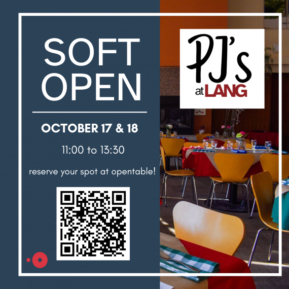 Text Soft Open October 17 & 18 2023 11:00 AM - 1:30 PM Photo of table and chairs in PJs Restaurant, logo and QR code