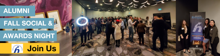 Banner featuring alumni gathering at a networking event