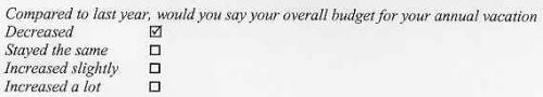 Multiple choice question asking "Compared to last year, would you say your overall budget for your annual vacation?" The possible answers are "Decreased", "Stayed the same", "Increased slightly", and "Increased a lot".