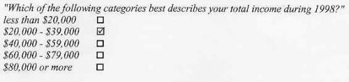 A multiple choice question asking "Which of the following categories best describes your total income during 2008?" The possible answer choices are "less than $20,000", "$20,000-$39,000", "40,000-$59,000", "60,000-$79,000" and "$80,000 or more"