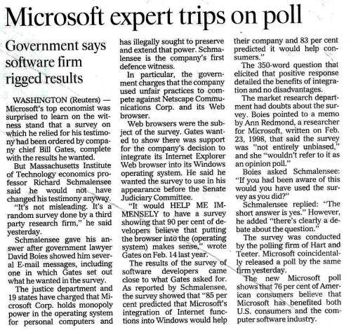 News article called "Microsoft expert trips on poll"