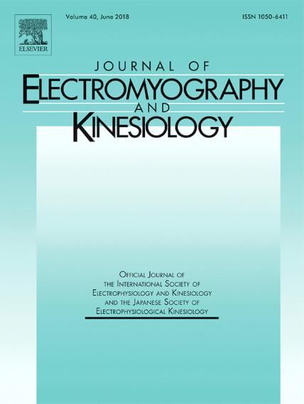 An image of the cover of the Journal of Electromyography & Kinesiology, Volume 40, June 2018. ISSN 1050-6411. Official Journal of The International Society of Electrophysiology & Kinesiology & The Japanese Society of  Electrophysiological Kinesiology