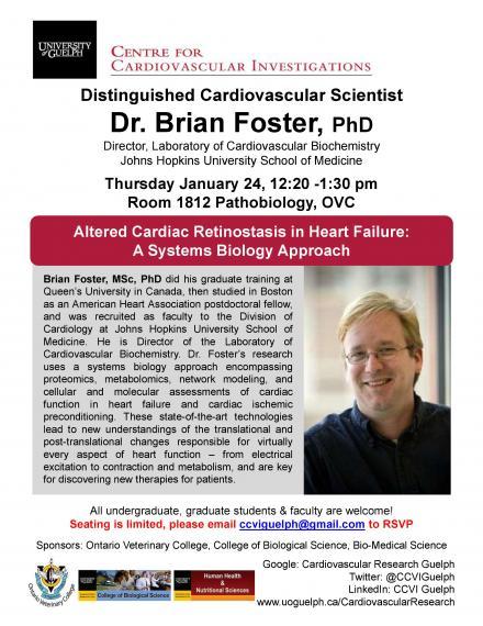 Poster: "CENTRE FOR CARDIOVASCULAR INVESTIGATIONS Distinguished Cardiovascular Scientist Dr. Brian Foster, PhD Director, Laboratory of Cardiovascular Biochemistry Johns Hopkins University School of Medicine Thursday January 24, 12:20 -1:30 pm Room 1812 Pathobiology, OVC Brian Foster, MSc, PhD did his graduate training at Queen’s University in Canada, then studied in Boston as an American Heart Association postdoctoral fellow, and was recruited as faculty to the Division of Cardiology at Johns Hopkins U"