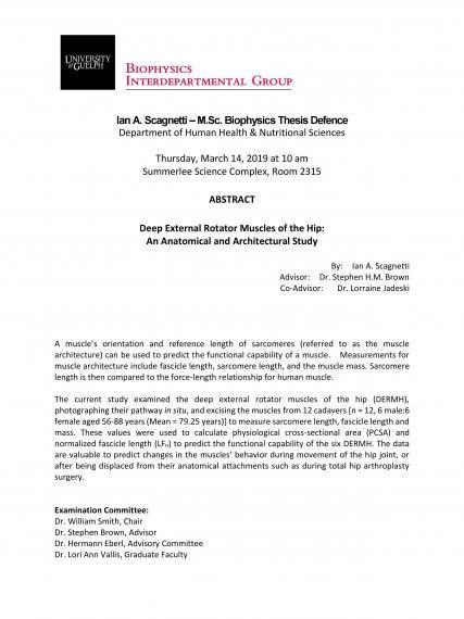 Poster: "Ian A. Scagnetti, MSc Biophysics Thesis Defence Department of Human Health & Nutritional Sciences Thursday, March 14, 2019 at 10 am Summerlee Science Complex, Room 2315 ABSTRACT Deep External Rotator Muscles of the Hip: An Anatomical & Architectural Study By Ian A. Scagnetti Advisor: Dr. Stephen H.M. Brown Co-Advisor: Dr. Lorraine Jadeski Examination Committee: Dr. William Smith, Chair Dr. Stephen Brown, Advisor Dr. Hermann Eberl, Advisory Committee Dr. Lori Ann Vallis, Graduate Faculty"