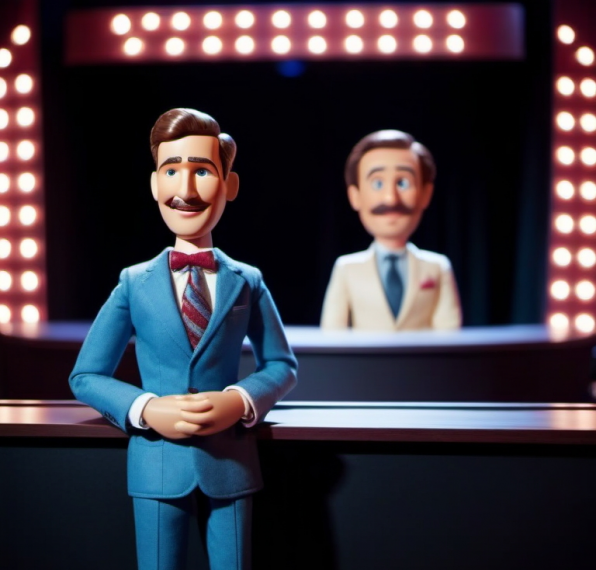 A cartoon character hosting a quiz show with one contestant.