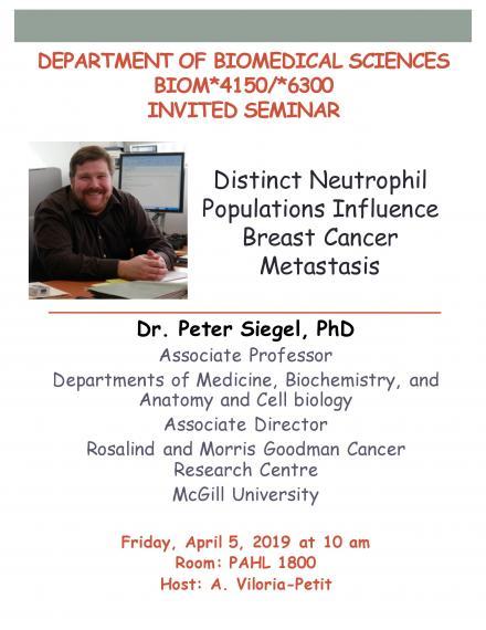 Poster: "DEPARTMENT OF BIOMEDICAL SCIENCES BIOM*4150/*6300 INVITED SEMINAR Distinct Neutrophil Populations Influence Breast Cancer Metastasis Dr. Peter Siegel, PhD Associate Professor Departments of Medicine, Biochemistry and Anatomy & Cell biology Associate Director, Rosalind and Morris Goodman Cancer Research Centre, McGill University Friday, April 5, 2019 at 10 am Room: PAHL 1800 Host: A. Viloria-Petit"