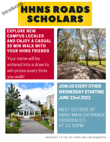 An image of the HHNS Roads Scholars walking group's poster, containing the same information listed on this webpage, with images of a greenhouse and a walkway.