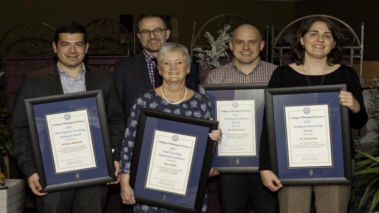 2017 Teaching Award winners William Albabish, Joyce Buck, Dr. John Zettel, Dr. Nina Jones with CBS Dean Jonathan Newman