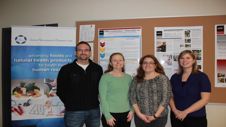 A photograph of the staff of the Human Nutraceutical Research Unit, Dr. David Mutch, Dr. Alison Duncan, Dr. Amanda Wright & Dr. Amy Tucker