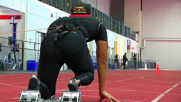 A photograph of a sprinter as a subject in research study at the Human Performance Lab.