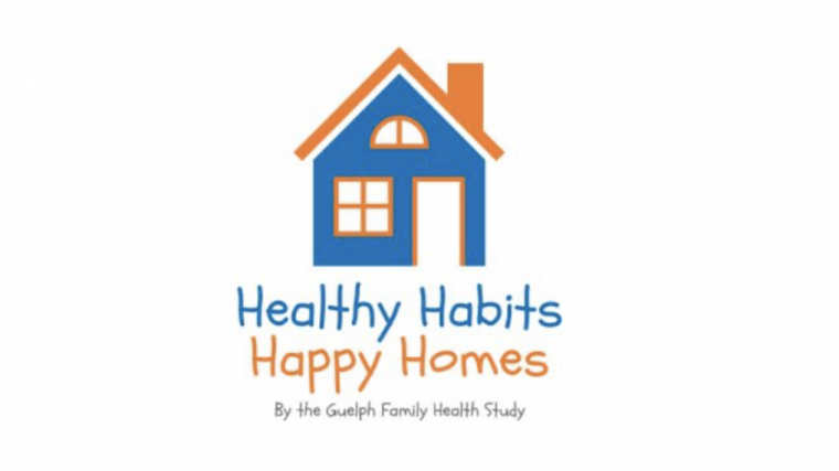 The podcast's logo, featuring a drawn blue house, with the title "Healthy Habits Happy Homes Podcast", and the subtitle "By the Guelph Family Health Study"