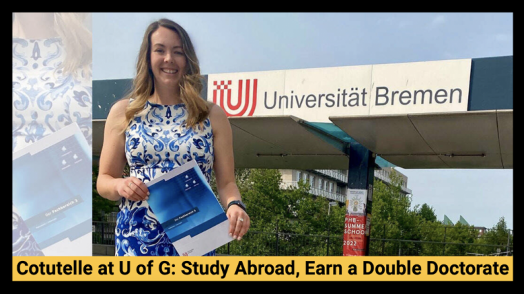 A photograph of Dr. Becky Breau, standing in front of the University of Bremen, holding her degree.