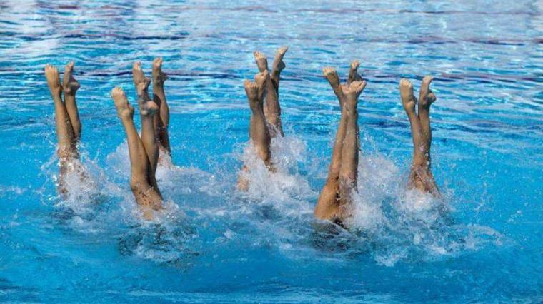 A photo of the legs of seven synchronized swimmers performing upside-down in a pool.