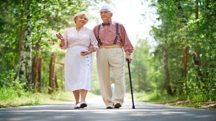 A photograph of an elderly couple walking with a cane down a country road.