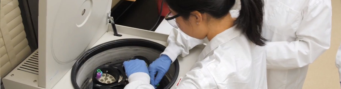 Student adding blood collection tubes to the centrifuge.