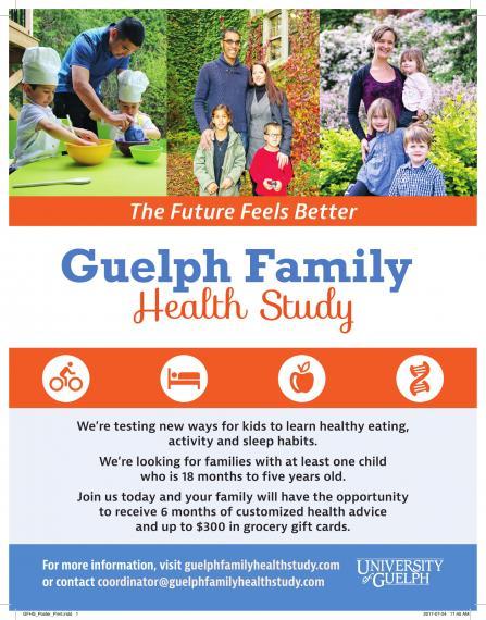 Guelph Family Health Study poster, contact coordinator@guelphfamilyhealthstudy.com