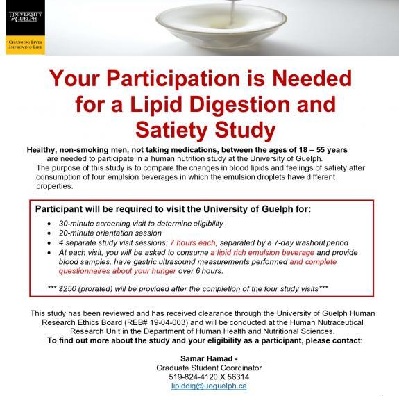 Study poster for Lipid Digestion & Satiety Study, email lipiddig@uoguelph.ca