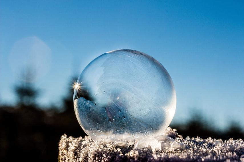Frozen water bubble that is partially transparent and translucent