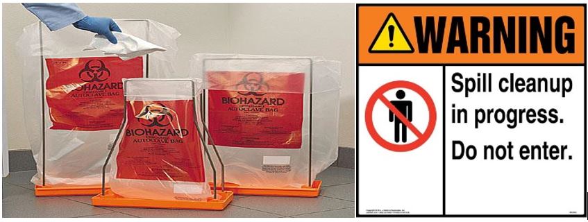Autoclavable bag and spill warning signage